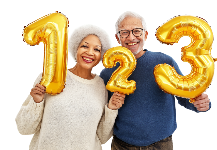 Senior couple holding numbers 1, 2, 3