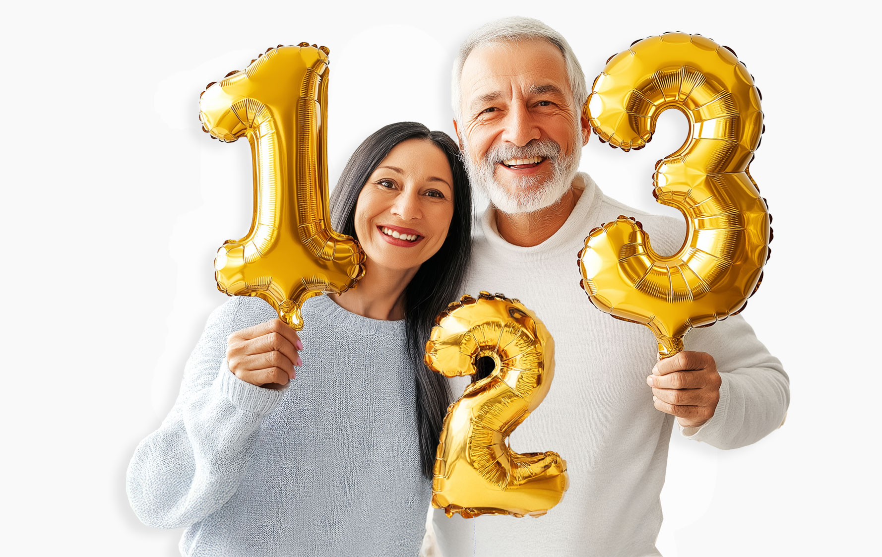 Senior couple holding numbers 1, 2, 3